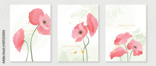 Luxury wedding invitation card background vector. Elegant watercolor texture in pink flower, leaf, gold sparkle. Spring floral design illustration for wedding and vip cover template, banner, invite.