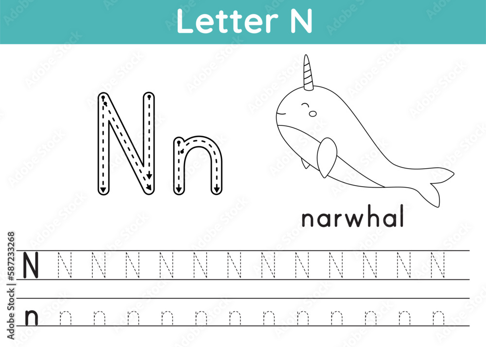 Alphabet ABC, a-z exercise. Coloring page. Trace letter N. Vocabulary ...