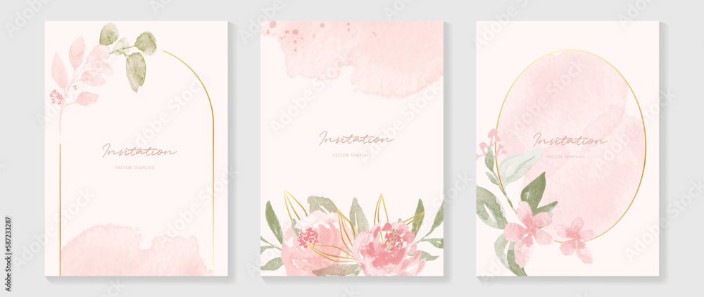 Luxury wedding invitation card background vector. Elegant watercolor texture in pink flower, gold line, gold border. Spring floral design illustration for wedding and cover template, banner, invite.