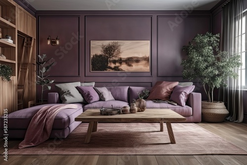 Purple toned wooden living room. Venetian shades  fabric sofa  cushions. Farmhouse decor . Generative AI