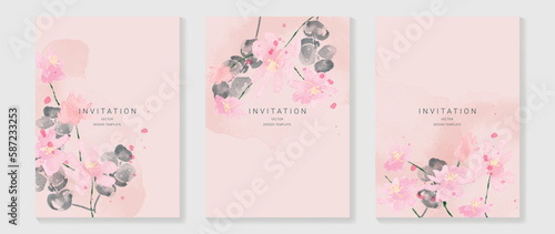 Luxury wedding invitation card background vector. Elegant watercolor texture in plants, pink flower, leaf. Spring floral design illustration for wedding and vip cover template, banner, invite.