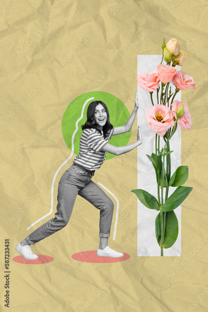 Vertical collage image of mini black white effect girl push big fresh rose flower isolated on painted background Vertical collage image of mini black white effect girl push big fresh rose flower isolated on painted background