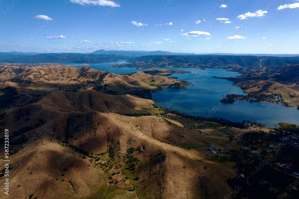 Bird's eye view of Lake Eildon surrounded by mountains in Victoria, Australia Bird's eye view of Lake Eildon surrounded by mountains in Victoria, Australia