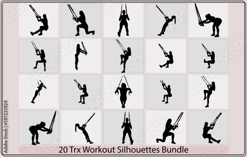 Silhouettes of men and women doing TRX exercises,Man workout using resistance band flat vector illustration,suspension training system TRX, vector illustration