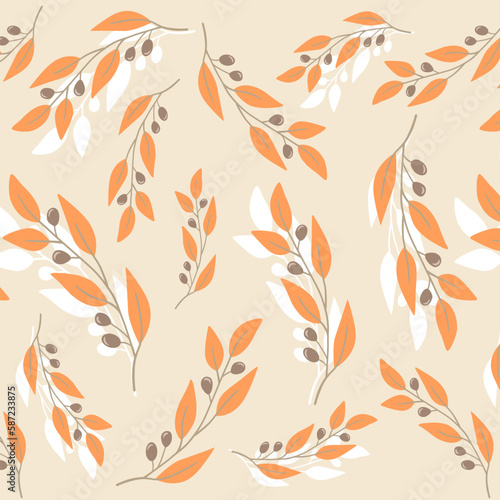 Vector pattern. Sprig of orange leaves on a light background
