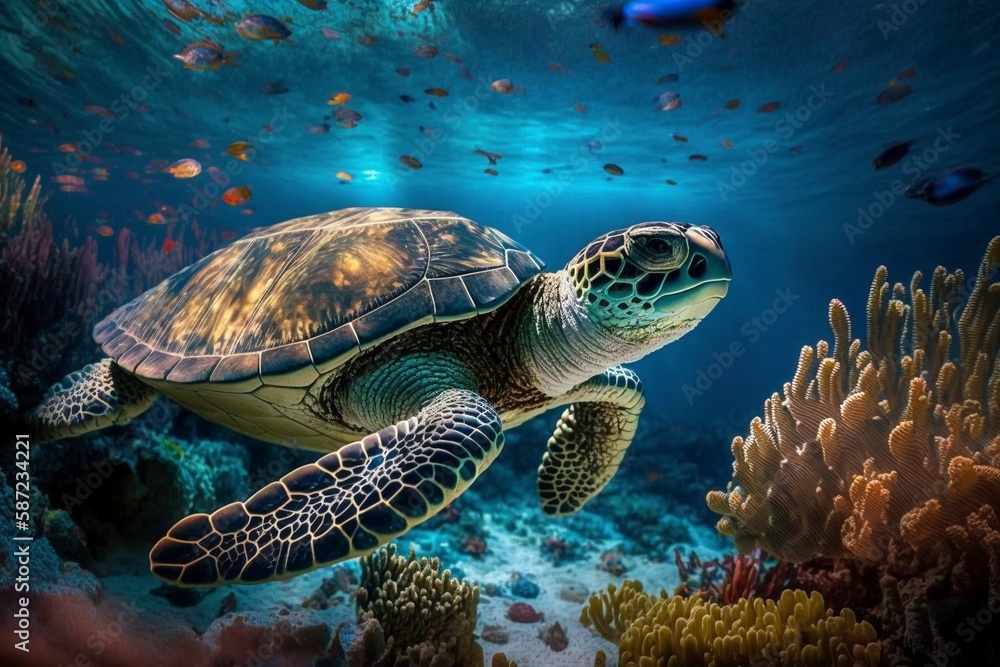 Fototapeta premium Sea turtle swimming under sea, created with generative AI
