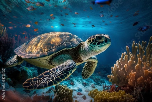 Sea turtle swimming under sea, created with generative AI
