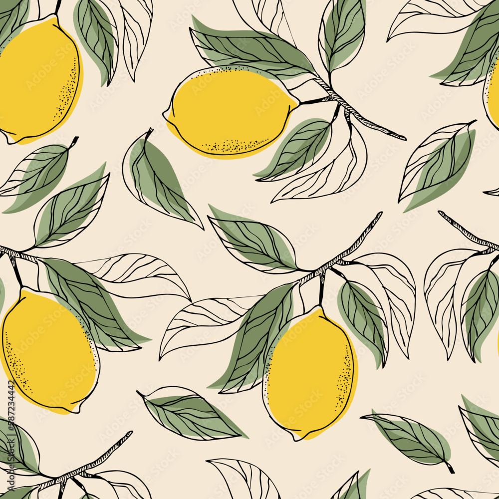 Abstract lemons pattern. Hand drawn line lemon illustration. Minimalism lemon. Seamless pattern with citrus fruits.
