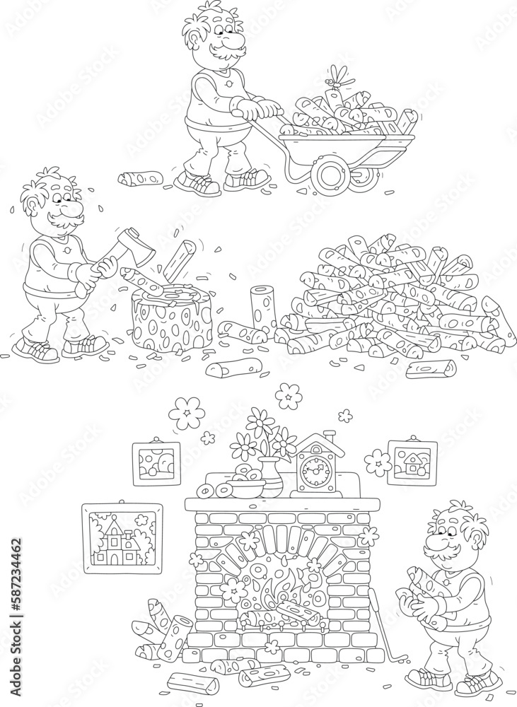 Funny elderly villager chopping firewood on a backyard, carrying chopped billets in a handcart and putting them in a burning fireplace of a country house, set of vector cartoon cliparts