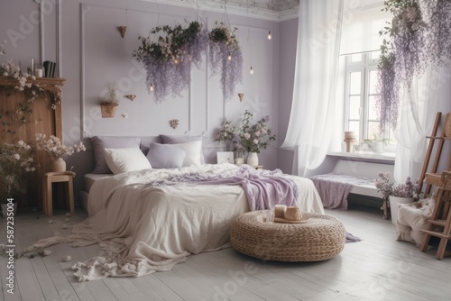 lilac bedroom bed extremely bright hue of 2022 in boho style, butterfly and lilac gypsophila flowers, vintage decor in retro loft style room, celebrating Valentine's Day on February 14. Generative AI