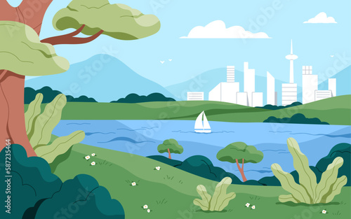 Nature landscape, view on city buildings from urban park. Summer scenery background, boat sailing on river water, lake, trees, plants, green grass, flowers, sky horizon. Flat vector illustration