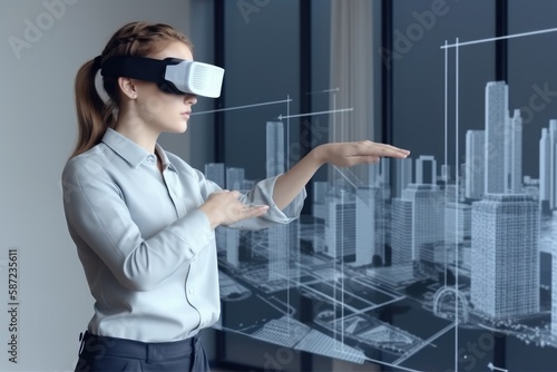 Professional female architect wearing augmented Reality headset work with 3D city model hologram