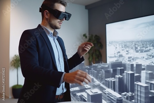 Professional male architect wearing augmented Reality headset work with 3D city model hologram