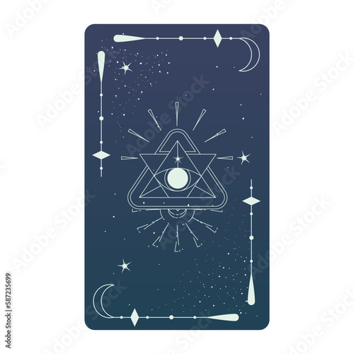 Tarot card with mystic eye pyramid and celestial border. Boho esoteric tarot card with eye and frame. Vector illustration. Sacred geometry celestial triangle