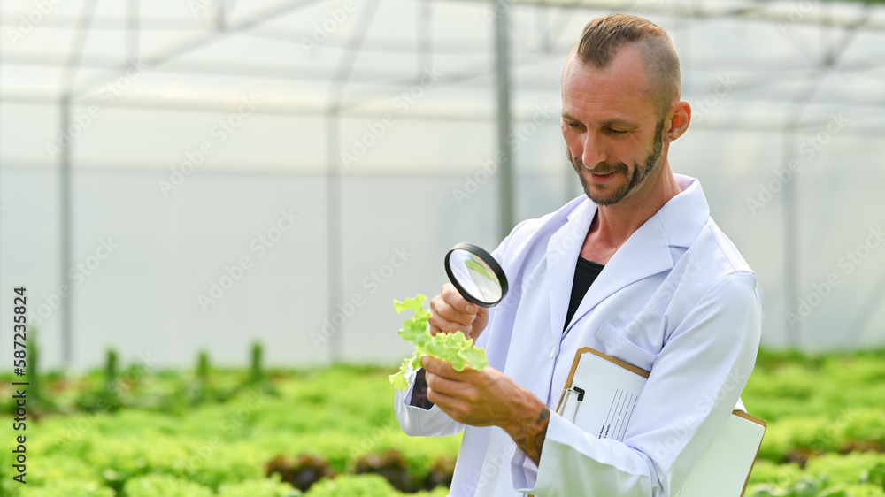 © Prathankarnpap - Portrait of Agricultural scientists with magnifying glass examining plants for disease in industrial greenhouse