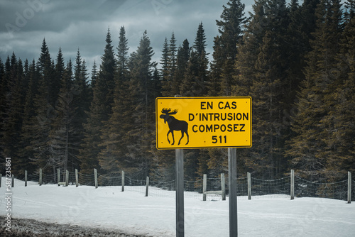 Warning road sign in french in a rural area in Ile Perrot in southwestern Quebec, Canada
