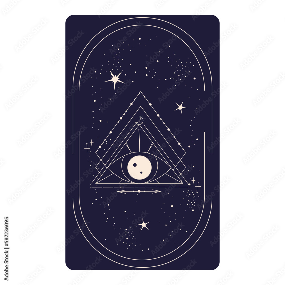 Tarot card with mystic eye pyramid in frame isolated. Boho esoteric