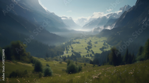 Landscape shot of a beautiful lush valley in switzerland. Generative AI.