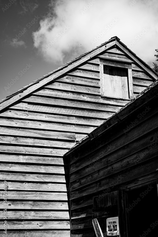 Vertical grayscale shot of wooden village house under cloudy sky in Quebec, Canada