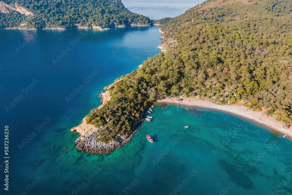 Beautiful coast of Aegean sea at sunny day. Aerial view