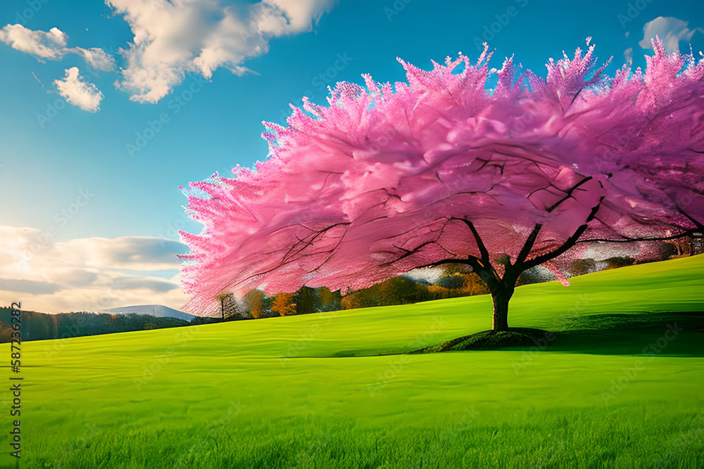 Pink cherry tree blossom flowers blooming in a green grass meadow on a spring Easter sunrise background. Generative AI