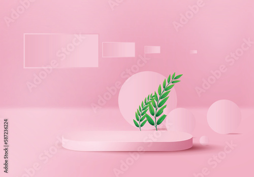 Pink Podium Background with green leaves. vector podium Background for product showcase