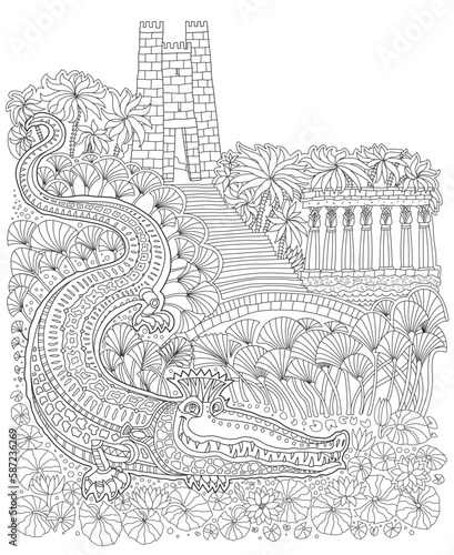 Fantasy ancient Egypt landscape. Fairy tale crocodile, temple, palm tree, papyrus plant, garden, river, blooming lotus. Coloring book page for children and adults
