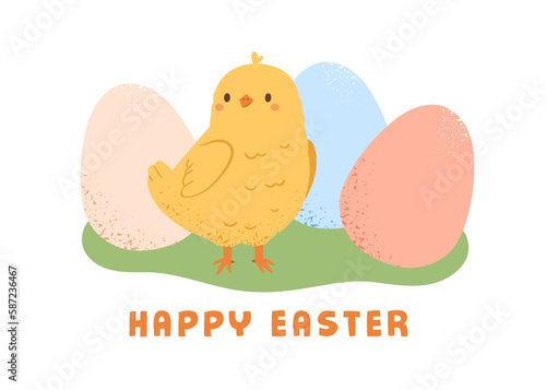 Happy Easter Day, card design with cute funny chicken and colored dyed eggs. Spring holiday postcard with baby bird, yellow chick. Flat vector illustration isolated on white background