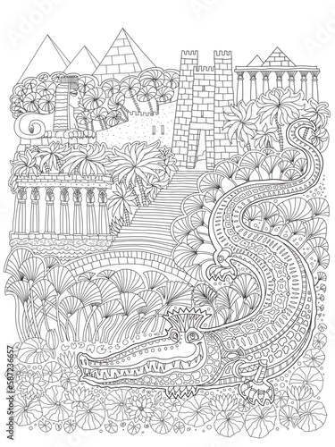 Fantasy ancient Egypt landscape. Fairy tale crocodile, temple, palm tree, Egyptian pyramids, sphinx. Coloring book page for children and adults