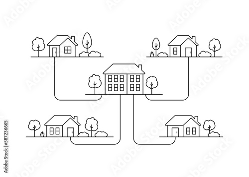 Neighborhood house, line art. Street building, real estate architecture, apartment. Exterior home in country city landscape. Vector