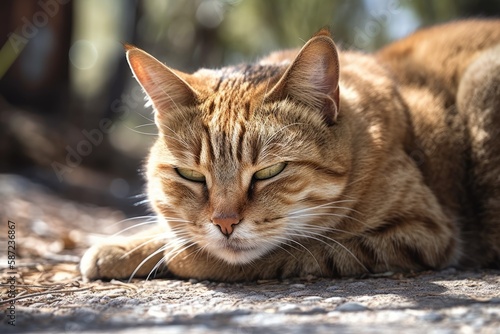 A large and powerful male Norwegian woodland cat sleeping in shade on a pavement. Generative AI