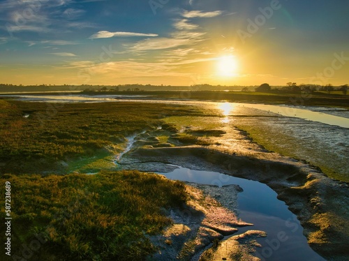 Beautiful view of the Levington Creek on the Orwell river at sunset in Suffolk, England