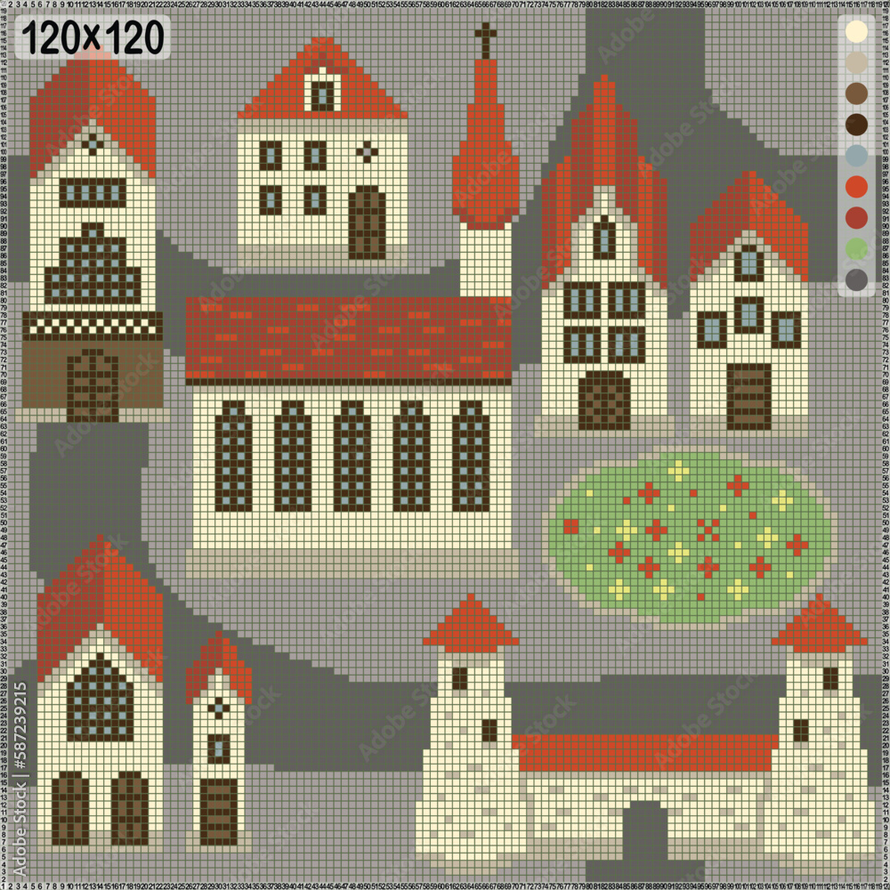 Pattern for cross stitch or knitting -   houses and towers of an ancient European city
