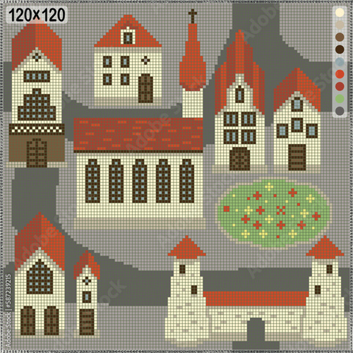 Pattern for cross stitch or knitting -   houses and towers of an ancient European city
