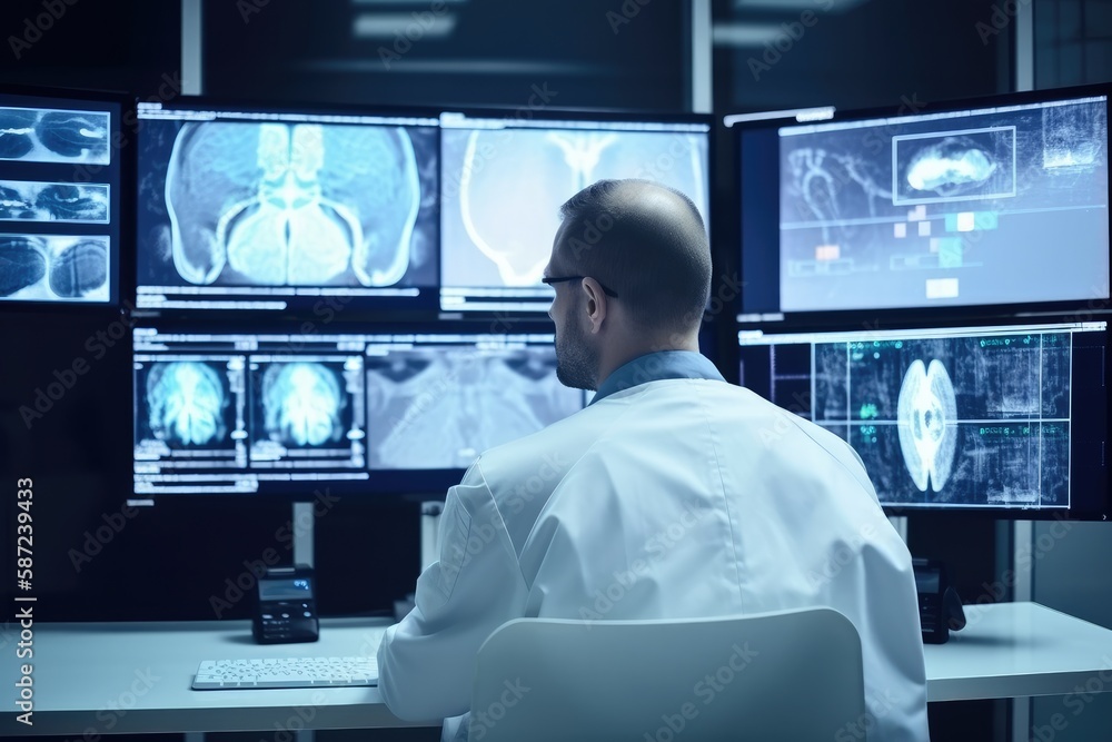 Neuroscientist looking at TV screen, analyzing brain Scan MRI Images, finding treatment for patient Neuroscientist looking at TV screen, analyzing brain Scan MRI Images, finding treatment for patient