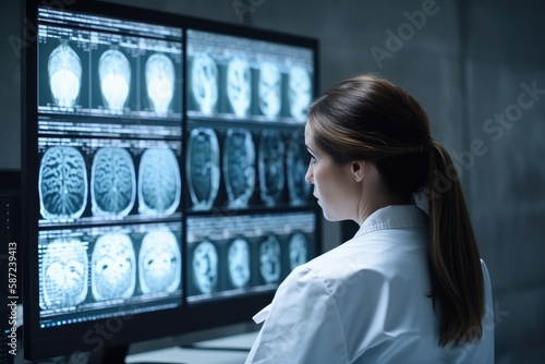 Neuroscientist looking at TV screen, analyzing brain Scan MRI Images, finding treatment for patient photo