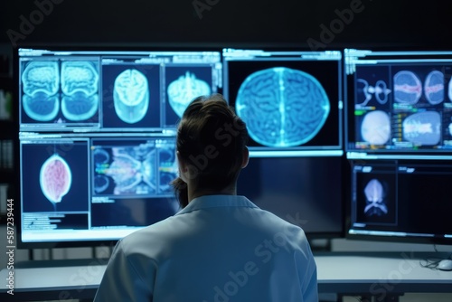 Neuroscientist looking at TV screen, analyzing brain Scan MRI Images, finding treatment for patient