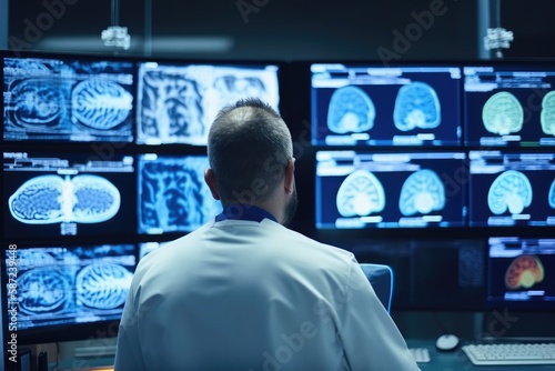 Neuroscientist looking at TV screen, analyzing brain Scan MRI Images, finding treatment for patient