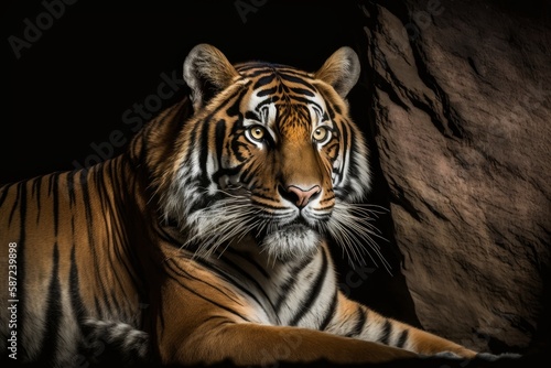 Portrait of tiger on black background  Panthera tigris altaica. Generative AI