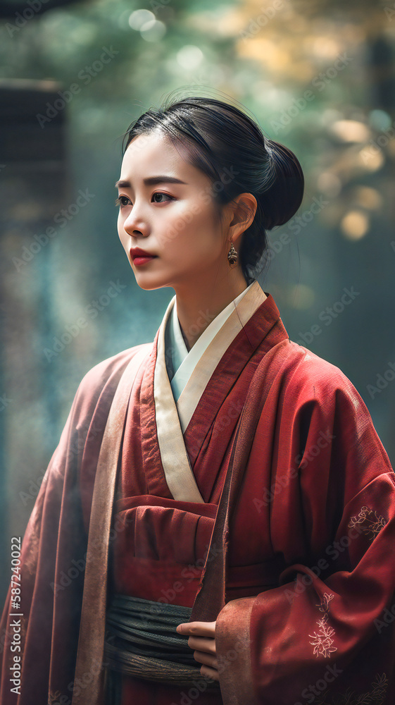 Fototapeta premium Illustration of a beautiful young Japanese woman in a park, wearing a red traditional kimono. Created with Generative AI technology.