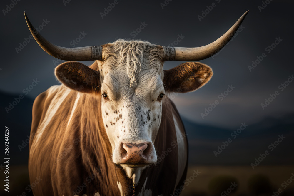 Naklejka premium Portrait of a cow with long horns on the background of mountains, Generative AI