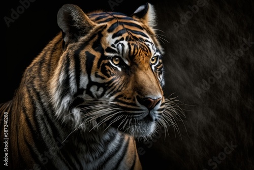 Portrait of a tiger on a dark background. Generative AI © LAYHONG