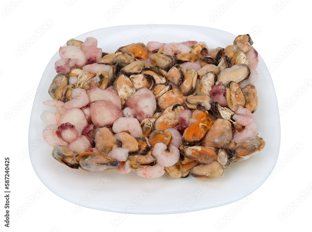 Frozen sea cocktail of shrimp, octopus, squid and mussels isolated Frozen sea cocktail of shrimp, octopus, squid and mussels isolated