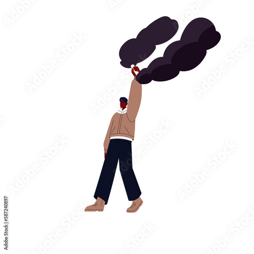 Protester throwing flame gasoline bomb bottle, Molotov cocktail. Man activist, protestant protesting, holding flammable incendiary container. Flat vector illustration isolated on white background