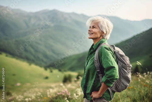 Active Mature woman walking or hiking outdoors, AI generated