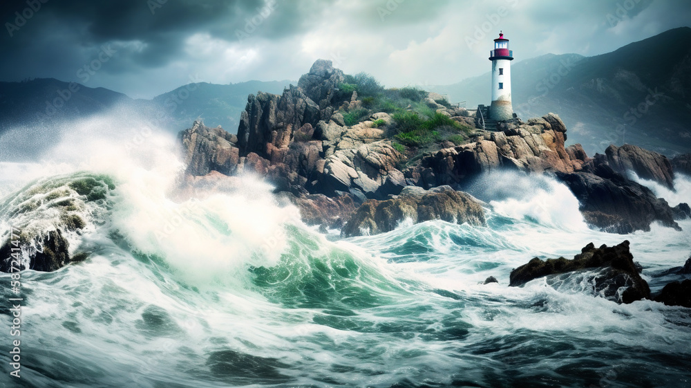 Lighthouse in the stormy sea. Generative AI. 