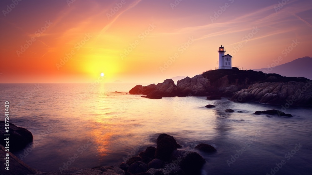 Lighthouse in sunset. Generative AI.