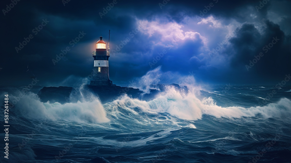 Lighthouse in the stormy night. Generative AI. 