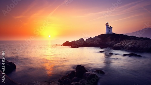 Lighthouse in sunset. Generative AI.