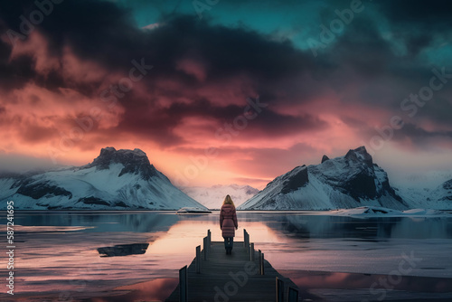 Mystical Nordic snowy landscape with mountains in the background  a person standing on a high mountain overlooking a lake at sunset  Generative AI